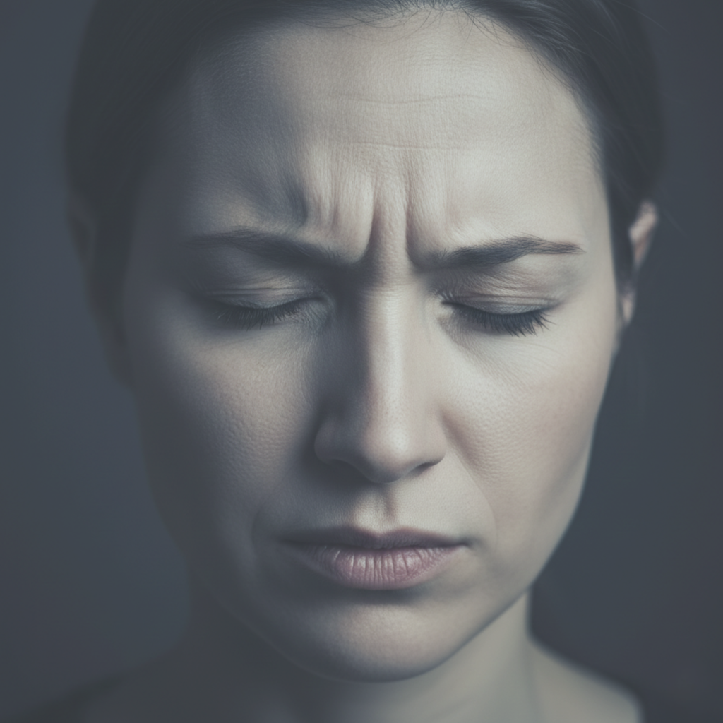 segmento ocular Rostro de mujer con ojos cerrados mostrando tensión muscular y memoria corporal traumática.