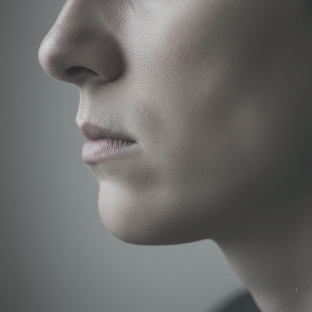 segmento oral Detalle de mandíbula tensa y labios apretados que ilustran la memoria corporal de las palabras no dichas y la rabia contenida.