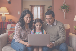 Padres e hija sonriendo frente a una computadora en una sesión de terapia familiar en línea