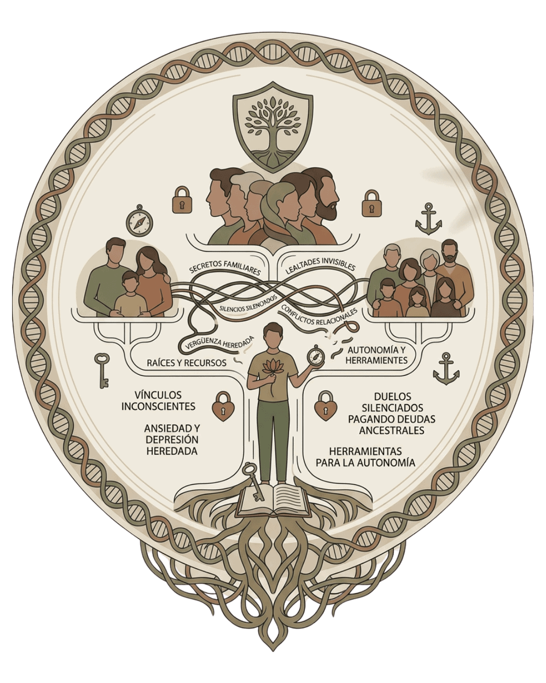 terapia familiar Infografía del árbol familiar: vínculos inconscientes, lealtades invisibles, secretos familiares y trauma transgeneracional